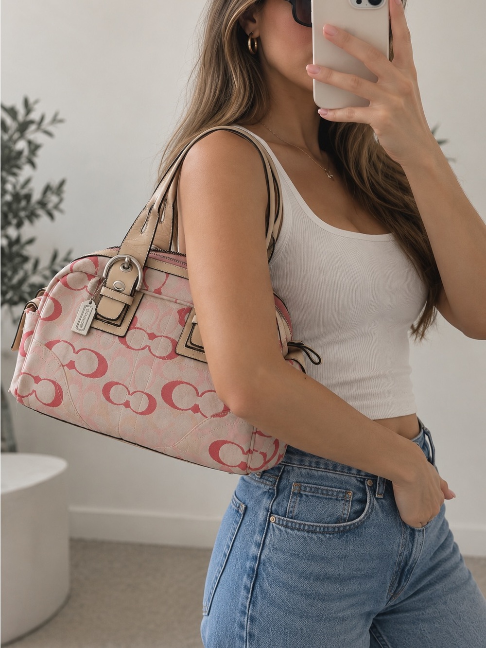 Coach Pink Signature Canvas Dome Shoulder Bag with Leather Trim